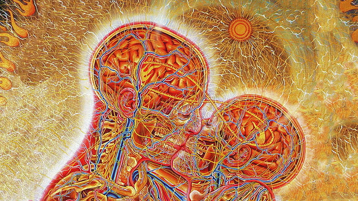 due persone che baciano anatomia pittura, opere d'arte, baci, cervello, surreale, Sfondo HD
