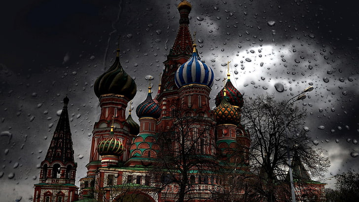 聖ワシリイ大聖堂、ロシア、モスクワ、雨、水滴、教会、 HDデスクトップの壁紙