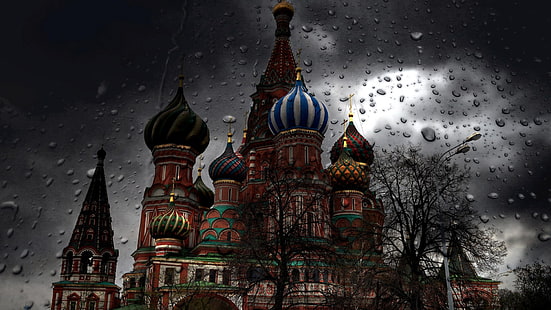 Cattedrale di San Basilio, Russia, Mosca, pioggia, gocce d'acqua, chiesa, Sfondo HD HD wallpaper