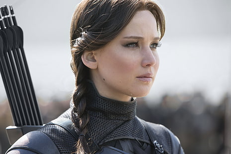 Katniss Everdeen, fiction, frame, hairstyle, costume, arrows, pigtail, Jennifer Lawrence, The Hunger Games: Mockingjay - Part 2, The hunger games: mockingjay. Part II, HD wallpaper HD wallpaper
