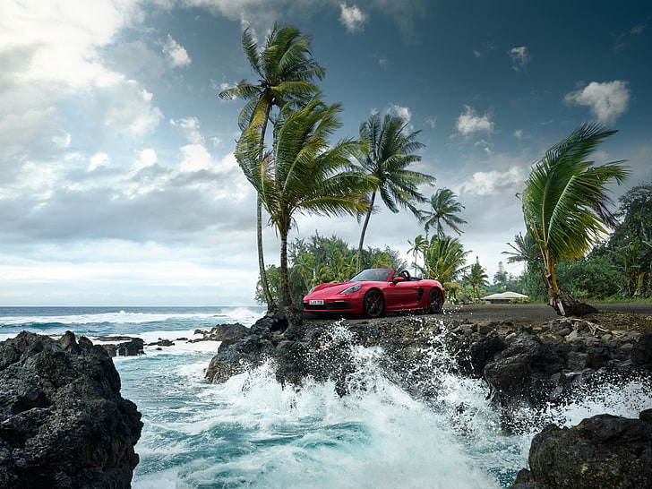 суперкар, море, красные машины, пальмы, небо, Porsche 718 Boxster S, Porsche, HD обои