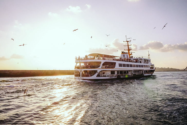 velero, barco, mar, Estambul, gaviotas, puesta de sol, río, Turquía, Fondo de pantalla HD