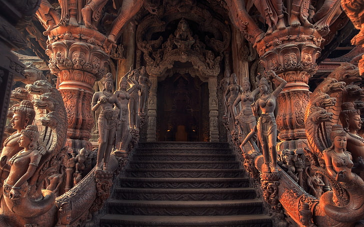 red concrete stair, architecture, interior, staircase, HDR, India, religion, sculpture, women, dragon, door, HD wallpaper