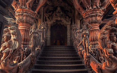 красная бетонная лестница, архитектура, интерьер, лестница, HDR, Индия, религия, скульптура, женщины, дракон, дверь, HD обои HD wallpaper
