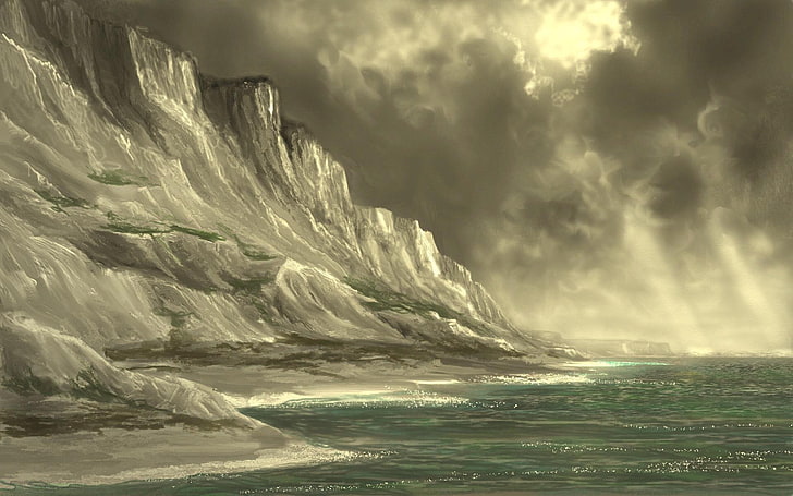 naturaleza, paisaje, mar, acantilado, costa, acantilados de Dover, Inglaterra, Reino Unido, tormenta, nubes, David Walker, pintura, arte digital, Fondo de pantalla HD