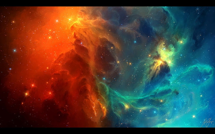 mgławica czerwona i niebieska, przestrzeń, TylerCreatesWorlds, sztuka kosmiczna, mgławica, gwiazdy, galaktyka, sztuka cyfrowa, Tapety HD