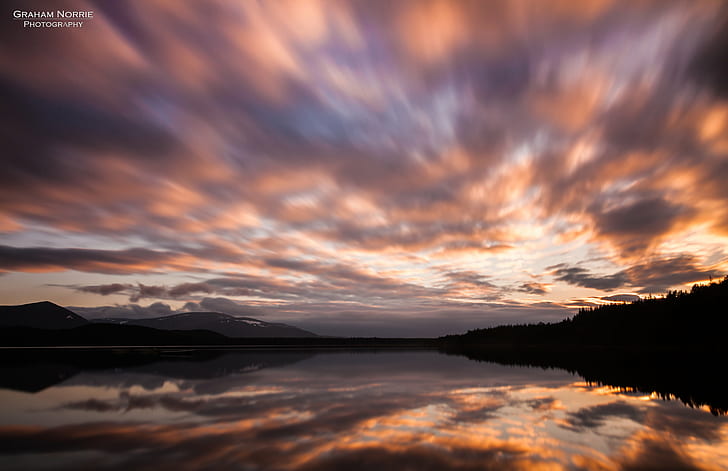 time lapse photograph of lake and clouds, Sunset, Loch, time lapse, photograph, lake, clouds, sunrise, water  sky, evening, movement, tree, forest, orange  black, reflection, long  exposure, scotland, highland, speyside, uk, aviemore, canon  5d  mark  ii, lens, tripod, manfrotto, haida, stop, filter, potd, country, GB, United Kingdom, yahoo, Dusk, Dawn, nature, sky, landscape, scenics, outdoors, water, mountain, beauty In Nature, HD wallpaper