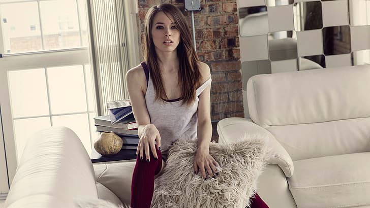 girl, long hair, legs, photo, stockings, brown, blue eyes, model, lips, face, sensual, body, t-shirt, sitting, couch, portrait, mouth, open mouth, tank top, looking at camera, pale, straight hair, bare shoulders, Caitlin McSwain, looking at viewer, sensual gaze, black nails, HD wallpaper