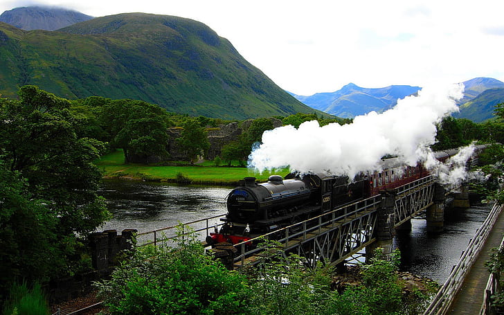 locomotora de vapor, árboles, tren, valle, naturaleza, paisaje, Fondo de pantalla HD