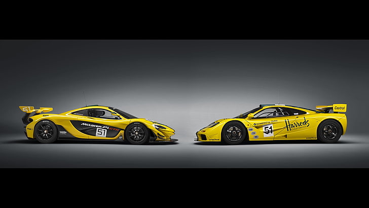 Deux voitures de sport jaunes, McLaren P1 GTR, McLaren F1 GTR, voiture, Fond d'écran HD