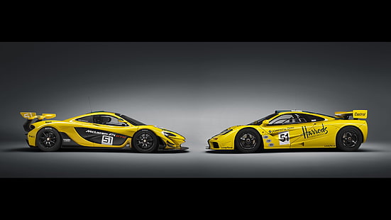 รถสปอร์ตสีเหลืองสองคัน McLaren P1 GTR, McLaren F1 GTR, รถ, วอลล์เปเปอร์ HD HD wallpaper