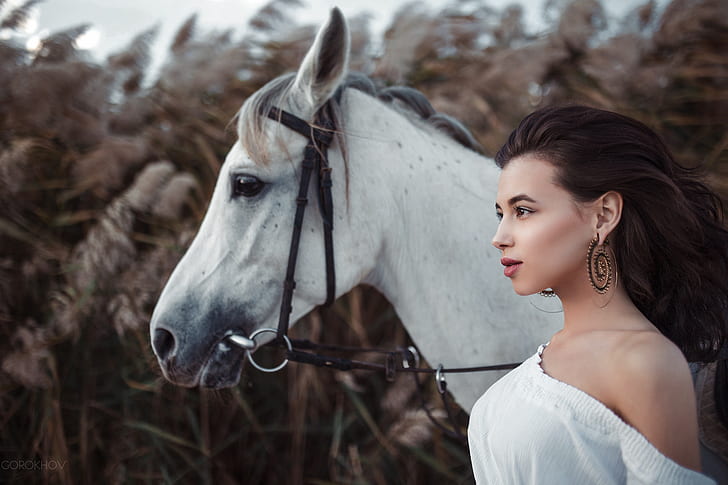 Ivan Gorokhov, women, horse, model, animals, women with horse, HD wallpaper