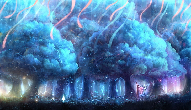 pintura de árboles de bosque azul, bosque, árboles, mariposa, arte de fantasía, Fondo de pantalla HD