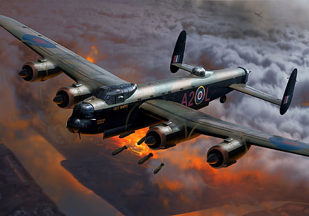 Живопис, Бомби, Втората световна война, Втората световна война, Великобритания, Кралските военновъздушни сили, Avro 683 Ланкастър, тежък бомбардировач, HD тапет HD wallpaper
