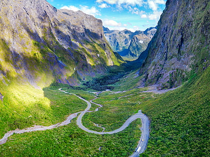 mountains and roadway covered with vegetation at daytime, Flying, Entrance, mountains, roadway, covered, vegetation, daytime, Milford Sound  New Zealand, com, Fiordland National Park, Southland  NZ, Milford  Sound  New  Zealand, sunset, outdoor, mountain, landscape, serene, DJI, Phantom, HDR, Travel, Drone, Green  Road, Nature, explore, outdoors, summer, scenics, HD wallpaper HD wallpaper