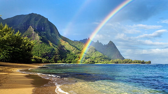 海、ビーチ、ハワイのビーチ、ハワイ、湾、熱帯、エキゾチック、気象現象、砂浜、虹、海岸、現象、山の風景、海、岬、海岸、空、自然、 HDデスクトップの壁紙 HD wallpaper