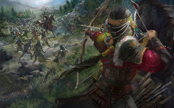 karakter memegang lukisan panah, seni fantasi, pertempuran, busur, pemanah, karya seni, Wallpaper HD