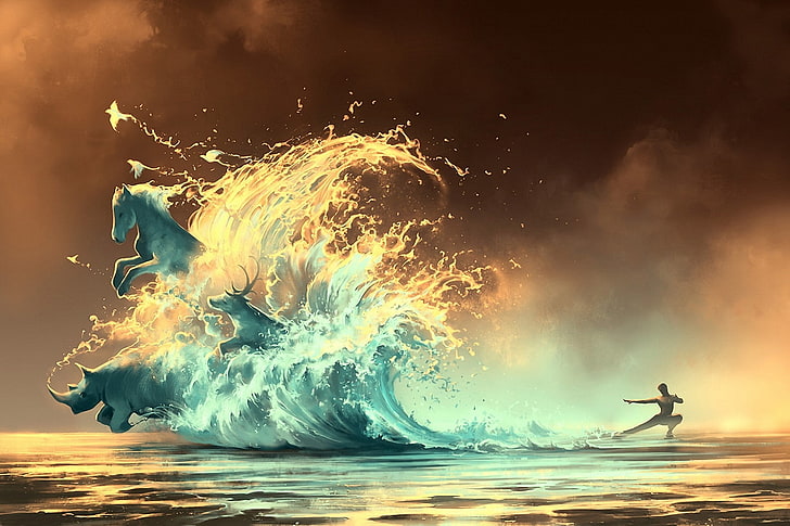 أمواج البحر تشكل الحيوانات خلفية ثلاثية الأبعاد ، الصورة الرمزية ، الماء ، العمل الفني ، AquaSixio ، الأمواج ، وحيد القرن ، الحصان ، الطيور ، الفن الرقمي ، الفن الخيالي ، الحيوانات، خلفية HD