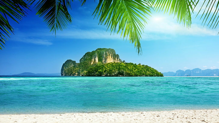 бряг, Тайланд, архипелаг, вода, плаж, лагуна, островче, ваканция, океан, тропици, скали, остров, палмово дърво, остров Туп, море, небе, Карибите, HD тапет