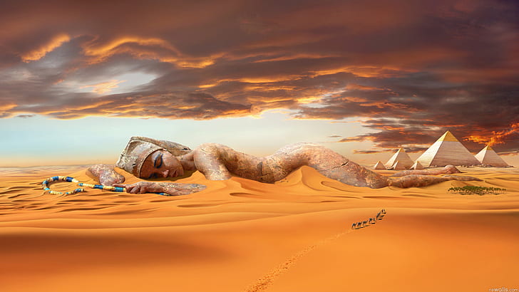 sand, desert, dunes, statue, pyramid, camels, caravan, HD wallpaper