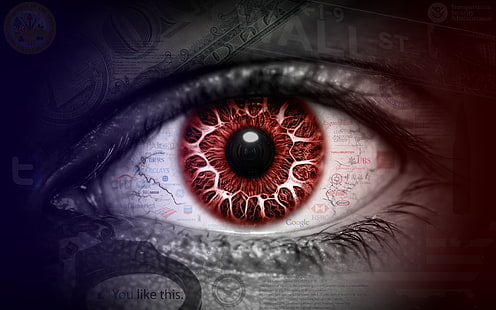 красный человеческий глаз цифровые обои, синий, красный, абстрактный, камера, глаза, цифровое искусство, произведение искусства, типография, HD обои HD wallpaper