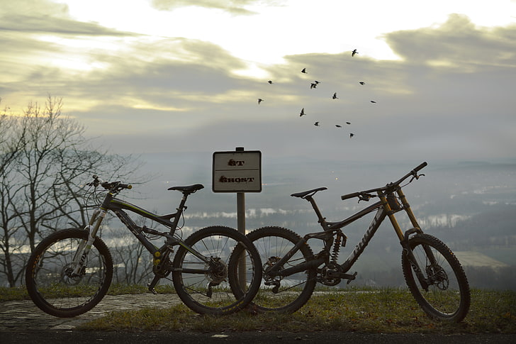 два черных полноподвесочных велосипеда, горные велосипеды для спуска, птицы, GT, призрак, пейзаж, панорамы, горные велосипеды, HD обои