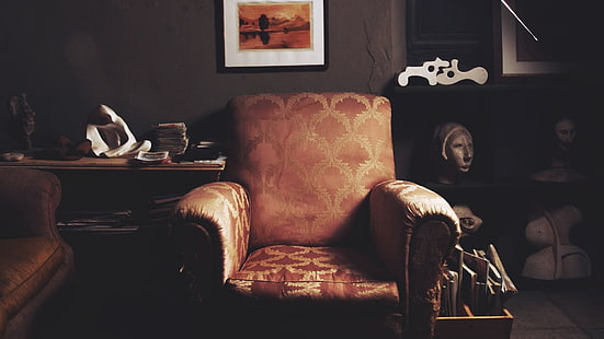 كرسي أريكة بني وأحمر زهري ، عتيق ، كراسي بذراعين ، كرسي ، تمثال ، ورق ، كتب ، غرفة، خلفية HD HD wallpaper