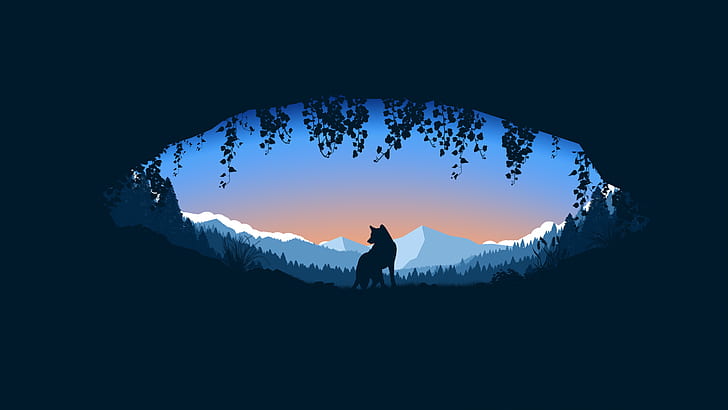 forest, trees, landscape, minimalism, nature, mountains, animal, wolf, digital art, plants, silhouette, Cave, simple background, HD wallpaper
