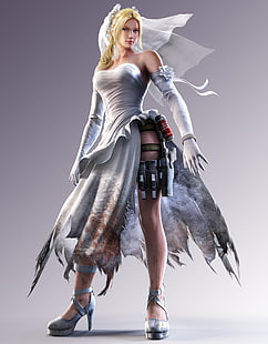 mulher usando vestido de noiva com papel de parede digital de armadura, Tekken, Nina Williams (Tekken), vestido, arma, arma, Glock 18, garotas com armas, HD papel de parede HD wallpaper