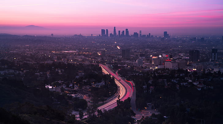 مدينة ، منظر جوي ، طريق ، غروب الشمس ، لوس أنجلوس ، الولايات المتحدة، خلفية HD