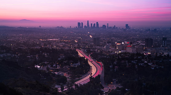 stad, Flygfoto, väg, solnedgång, Los Angeles, USA, HD tapet HD wallpaper