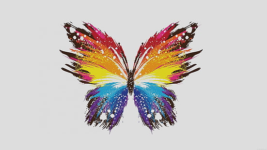 red, yellow, orange, and blue butterfly digital wallpaper, digital art, simple background, minimalism, butterfly, simple, paint splatter, wings, colorful, white background, HD wallpaper HD wallpaper
