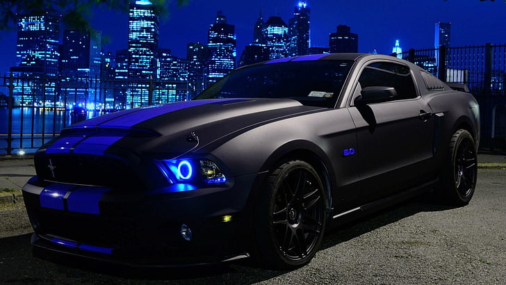  Coche negro, coche, vehículo, Ford Mustang, noche, luces de la ciudad, coche deportivo, Fondo de pantalla HD