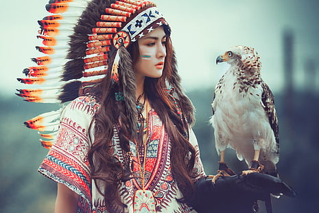 Жени, индиански, хищна птица, брюнетка, орел, перо, момиче, модел, жена, HD тапет HD wallpaper
