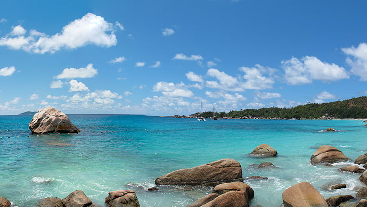 Anse Lazio, île de Praslin, Seychelles, meilleures plages de 2017, tourisme, voyage, centre de villégiature, vacances, plage, Les meilleurs sites de plongée au monde, Fond d'écran HD