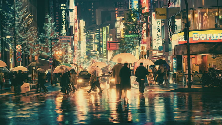 beige umbrellas, Masashi Wakui, photography, photo manipulation, umbrella, neon lights, HD wallpaper