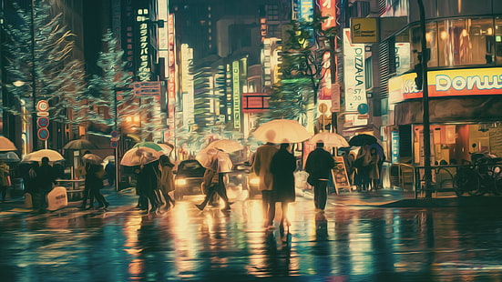 bej şemsiye, Masashi Wakui, fotoğraf, fotoğraf manipülasyon, şemsiye, neon ışıkları, HD masaüstü duvar kağıdı HD wallpaper