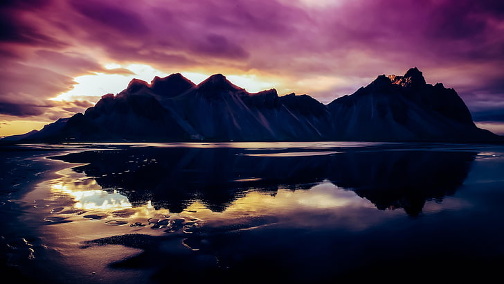 стокшнес, исландия, вестрахорн, горы Вестархорн, национальный парк, полуостров Стоккснес, национальный парк Ватнайокул, эйстрахорн, бруннхорн, фиолетовое небо, HD обои