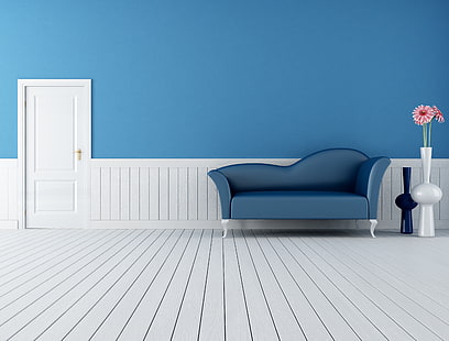 أريكة جلدية زرقاء ، زهور ، أريكة ، الباب ، أقحوان ، مزهريات حديثة، خلفية HD HD wallpaper
