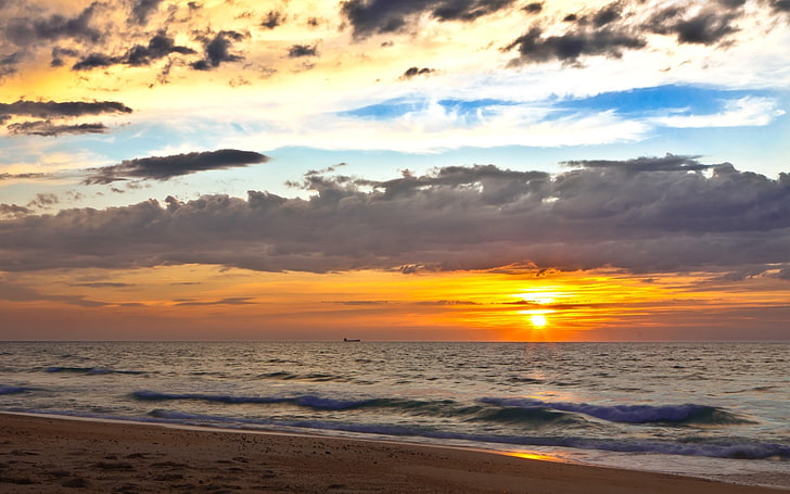 sunset, landscape, sea, beach, sky, sunlight, clouds, HD wallpaper