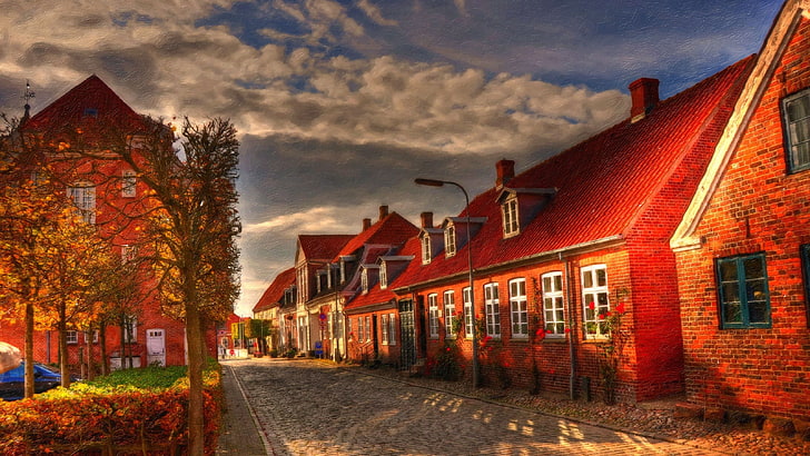 manipulasi foto, jalan, rumah, Denmark, Wallpaper HD