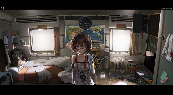 anime, anime girls, brille, schlafzimmer, brünette, blaue augen, HD-Hintergrundbild