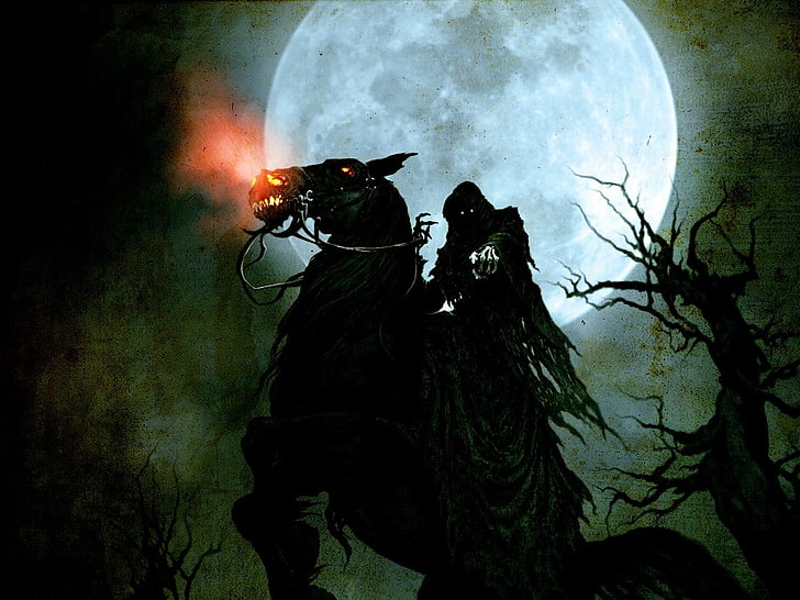 reaper riding horse painting, bones, knight, Moon, horse, creepy, fantasy art, Grim Reaper, HD wallpaper