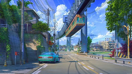 ciudad de anime, coche, cielo, paisaje urbano, ArseniXC, Fondo de pantalla HD HD wallpaper