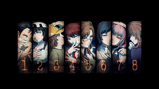 Steins; Gate, Makise Kurisu, Okabe Rintarou, Shiina Mayuri, аниме, колаж, аниме момичета, номера, HD тапет HD wallpaper