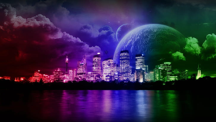 1920x1080 px города облака фантастика разноцветные внешние планеты радуги наука космос вода аниме ах!Моя Богиня HD Art, Облака, вода, Космос, планеты, города, наука, фантастика, Радуга, многоцветный, 1920x1080 px, внешний, HD обои