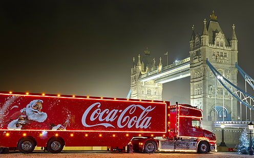 Coca Cola Caminhão de Natal, caminhão de frete de coca-cola, papai noel, caminhão de natal, Coca-Cola, Ano Novo, Natal, Ano Novo, HD papel de parede HD wallpaper