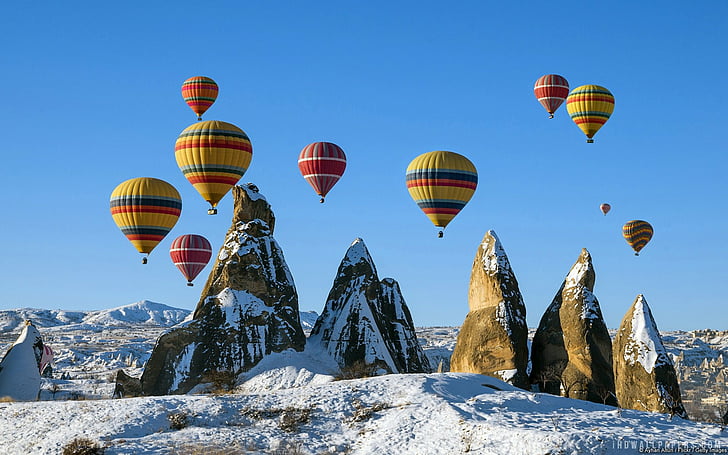 и, балони, красота, Кападокия, над, заснежено, пътуване, Турция, свят, HD тапет