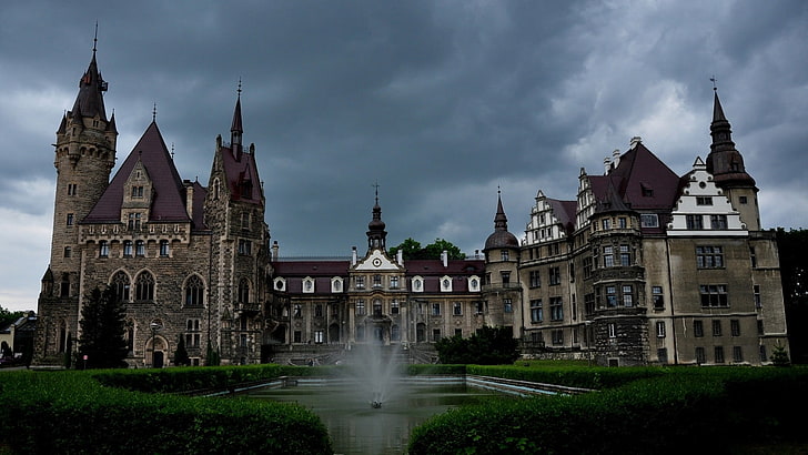 concrete mansion photography, nature, architecture, landscape, castle, Poland, clouds, grass, old building, tower, park, water, fountain, arch, loneliness, HD wallpaper