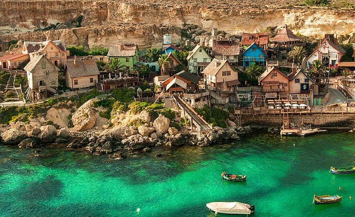 sea, landscape, nature, stones, rocks, home, boats, village, Bay, Malta, HD wallpaper
